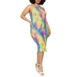 Plus Size Women's Tye Dye Halter Neck Y2K Modern Dress Blue Yellow Pink 2X NEW